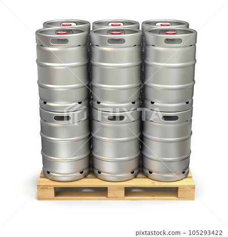 Metal beer kegs on the pallet - 3D illustration 105293422