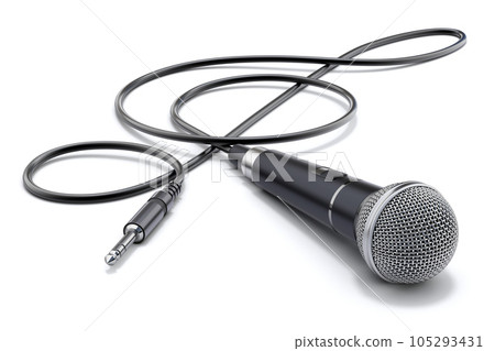 Microphone with the cable in form of treble clef and audio plug on white background - 3D illustration 105293431