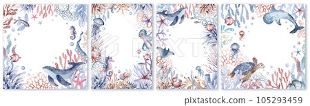 Set of cute postcards with sea animals. Collection of postcards with starfish, whale, crab, jellyfish, coral, fish, turtle. Watercolor illustration, hand drawn.Invitation templates Set of cute postcards with sea animals. Collection of postcards with starfish, whale, crab, jellyfish, coral, fish, turtle. Watercolor illustration, hand drawn.Invitation templates 105293459