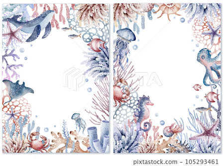 Set of cute postcards with sea animals. Collection of postcards with starfish, whale, crab, jellyfish, coral, fish, turtle. Watercolor illustration, hand drawn.Invitation templates Set of cute postcards with sea animals. Collection of postcards with starfish, whale, crab, jellyfish, coral, fish, turtle. Watercolor illustration, hand drawn.Invitation templates 105293461