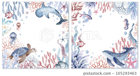 Set of cute postcards with sea animals. Collection of postcards with starfish, whale, crab, jellyfish, coral, fish, turtle. Watercolor illustration, hand drawn.Invitation templates Set of cute postcards with sea animals. Collection of postcards with starfish, whale, crab, jellyfish, coral, fish, turtle. Watercolor illustration, hand drawn.Invitation templates 105293463