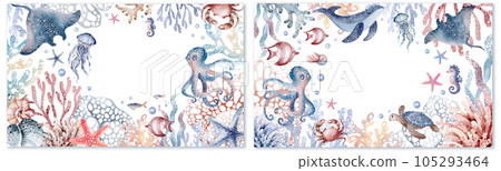 Set of cute postcards with sea animals. Collection of postcards with starfish, whale, crab, jellyfish, coral, fish, turtle. Watercolor illustration, hand drawn.Invitation templates 105293464