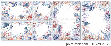 Set of cute postcards with sea animals. Collection of postcards with starfish, whale, crab, jellyfish, coral, fish, turtle. Watercolor illustration, hand drawn.Invitation templates 105293467