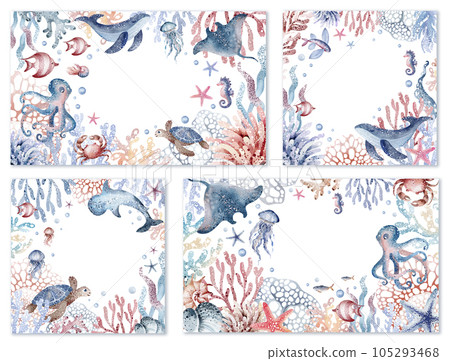 Set of cute postcards with sea animals. Collection of postcards with starfish, whale, crab, jellyfish, coral, fish, turtle. Watercolor illustration, hand drawn.Invitation templates 105293468
