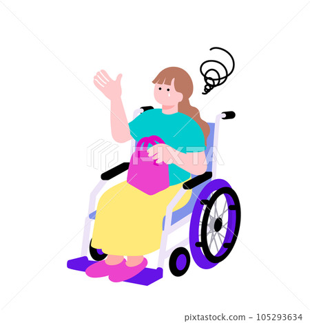 一幅流行插畫,描繪了一位坐在輪椅上、表情困惑的年輕女子 一幅流行插畫,描繪了一位坐在輪椅上、表情困惑的年輕女子 105293634