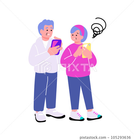 Illustration of a senior holding a smartphone with a troubled expression 105293636