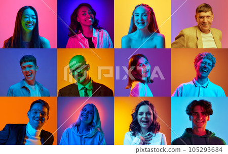 Collage made of portraits of different young people, men and women smiling against multicolored background in neon light 105293684