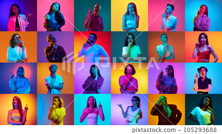 Collage made of portraits of different men and women raising finger up against multicolored background in neon light. Ideas Collage made of portraits of different men and women raising finger up against multicolored background in neon light. Ideas 105293688