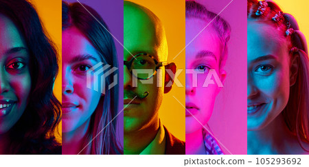 Collage made of half-faced portrait of young people, man and women looking at camera against multicolored background in neon lights Collage made of half-faced portrait of young people, man and women looking at camera against multicolored background in neon lights 105293692