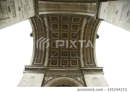 Arc de Triomphe (carved on white background), Paris, France. The walls of the arch are engraved with the names of 128 battles and names of 660 French military leaders (in French) Arc de Triomphe (carved on white background), Paris, France. The walls of the arch are engraved with the names of 128 battles and names of 660 French military leaders (in French) 105294253
