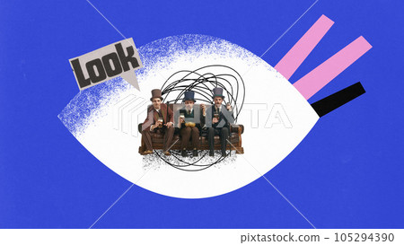 Contemporary art collage. Three businessman sitting on coach in middle of drawn eye and watch with bear and snacks. Contemporary art collage. Three businessman sitting on coach in middle of drawn eye and watch with bear and snacks. 105294390