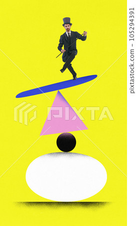 Contemporary art collage. Calm businessmen in vintage suit balancing on mountain of different figures. Contemporary art collage. Calm businessmen in vintage suit balancing on mountain of different figures. 105294391
