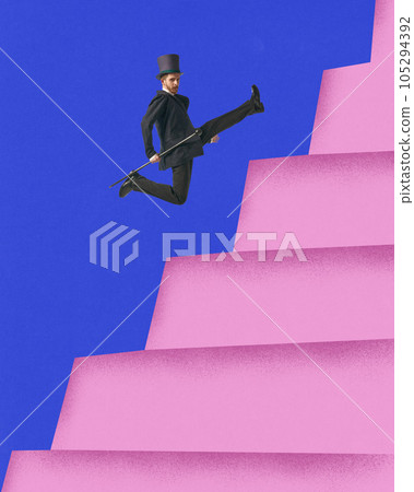 Modern abstract collage. Businessmen in vintage suit jumping up painted stairs. Concept of business, career growth Modern abstract collage. Businessmen in vintage suit jumping up painted stairs. Concept of business, career growth 105294392