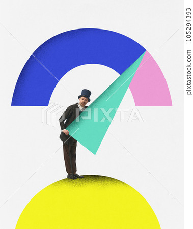 Modern abstract collage. Men in suits holds arrow of drawn speedometr. Speed in work. Deadlines. Modern abstract collage. Men in suits holds arrow of drawn speedometr. Speed in work. Deadlines. 105294393
