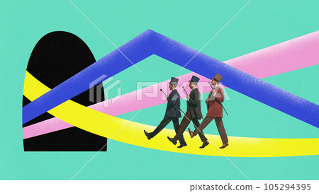 Modern abstract collage. Men in suits walking to cave along graphic lines. Copyspace. Image for presentation. 105294395