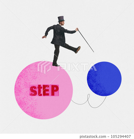Businessman in retro suit with cane do next step. Copyspace. Image for presentation. 105294407
