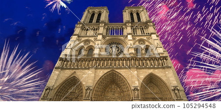 Celebratory fireworks over the Notre Dame de Paris, also known as Notre Dame Cathedral or simply Notre Dame, is a Gothic, Roman Catholic cathedral of Paris, France Celebratory fireworks over the Notre Dame de Paris, also known as Notre Dame Cathedral or simply Notre Dame, is a Gothic, Roman Catholic cathedral of Paris, France 105294548