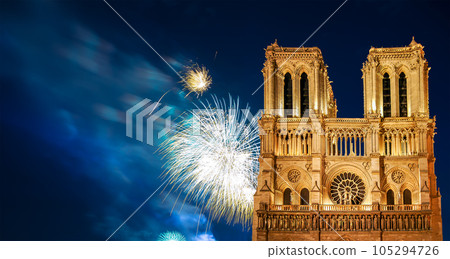 Celebratory fireworks over the Notre Dame de Paris, also known as Notre Dame Cathedral or simply Notre Dame, is a Gothic, Roman Catholic cathedral of Paris, France 105294726