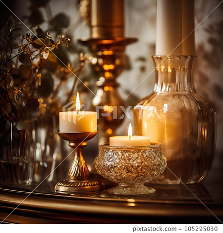 Warm cozy home interior with burning candles, afternoon room decoration, creative decor arrangement Warm cozy home interior with burning candles, afternoon room decoration, creative decor arrangement 105295030