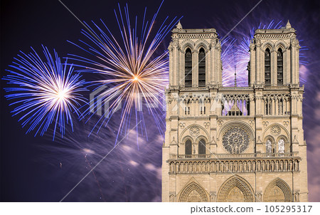 Celebratory fireworks over the Notre Dame de Paris, also known as Notre Dame Cathedral or simply Notre Dame, is a Gothic, Roman Catholic cathedral of Paris, France 105295317