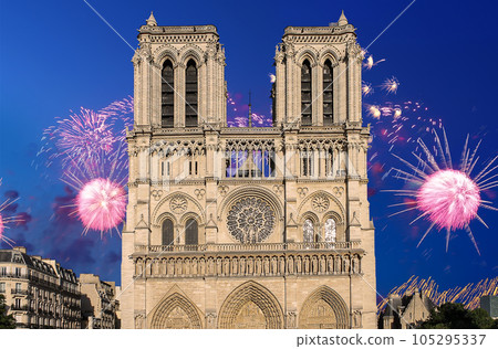 Celebratory fireworks over the Notre Dame de Paris, also known as Notre Dame Cathedral or simply Notre Dame, is a Gothic, Roman Catholic cathedral of Paris, France 105295337