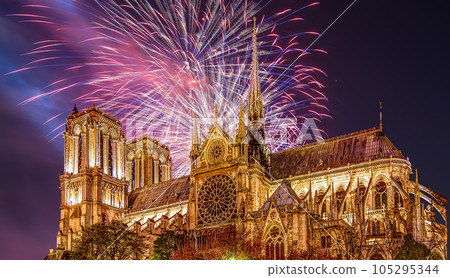 Celebratory fireworks over the Notre Dame de Paris, also known as Notre Dame Cathedral or simply Notre Dame, is a Gothic, Roman Catholic cathedral of Paris, France Celebratory fireworks over the Notre Dame de Paris, also known as Notre Dame Cathedral or simply Notre Dame, is a Gothic, Roman Catholic cathedral of Paris, France 105295344