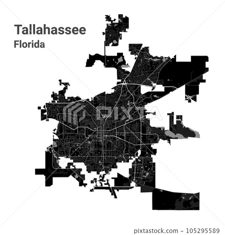 Tallahassee city map, capital of the USA state of Florida. Municipal administrative borders, black and white area map with rivers and roads, parks and railways. 105295589
