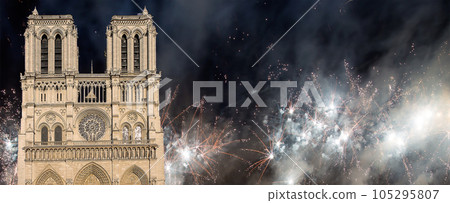 Celebratory fireworks over the Notre Dame de Paris, also known as Notre Dame Cathedral or simply Notre Dame, is a Gothic, Roman Catholic cathedral of Paris, France 105295807