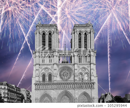 Celebratory fireworks over the Notre Dame de Paris, also known as Notre Dame Cathedral or simply Notre Dame, is a Gothic, Roman Catholic cathedral of Paris, France 105295944