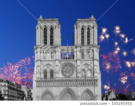 Celebratory fireworks over the Notre Dame de Paris, also known as Notre Dame Cathedral or simply Notre Dame, is a Gothic, Roman Catholic cathedral of Paris, France 105295958
