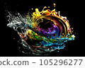 Colorful water  droplets and splashes on black background.. Generative AI. 105296277