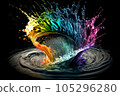 Colorful water  droplets and splashes on black background.. Generative AI. 105296280