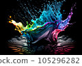 Colorful water  droplets and splashes on black background.. Generative AI. 105296282