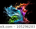 Colorful water  droplets and splashes on black background.. Generative AI. 105296283