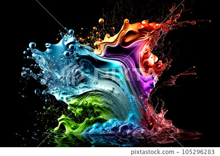 Colorful water  droplets and splashes on black background.. Generative AI. 105296283