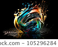 Colorful water  droplets and splashes on black background.. Generative AI. 105296284