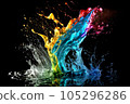 Colorful water  droplets and splashes on black background.. Generative AI. 105296286