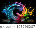 Colorful water  droplets and splashes on black background.. Generative AI. 105296287