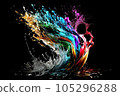 Colorful water  droplets and splashes on black background.. Generative AI. 105296288