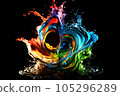 Colorful water  droplets and splashes on black background.. Generative AI. 105296289
