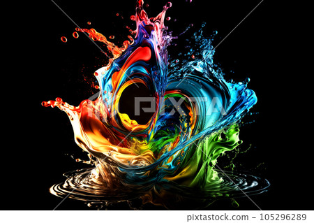 Colorful water droplets and splashes on black background.. Generative AI. Colorful water droplets and splashes on black background.. Generative AI. 105296289