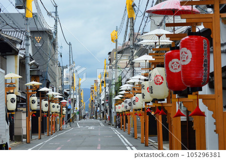 Kyoto Gion Festival walking early in the morning Shinmachi Street with lantern decorations 105296381