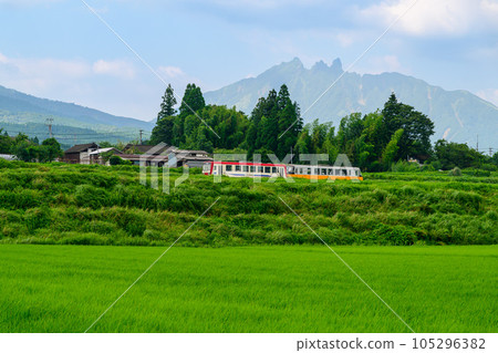 Panoramic shot from around Minami-Aso Shirakawasuigen Station ``Opening of all lines and resumption of operations'' (Rural scenery and train scenery with Mt. Aso in the background) Panoramic shot from around Minami-Aso Shirakawasuigen Station ``Opening of all lines and resumption of operations'' (Rural scenery and train scenery with Mt. Aso in the background) 105296382