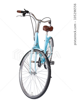 Blue retro bicycle with brown saddle and handles, generic bike front view Blue retro bicycle with brown saddle and handles, generic bike front view 105296556