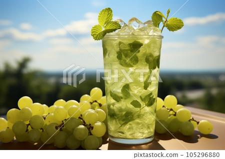 Fresh drink with greengrape and mint, cold summer greengrape ade, healthy mocktail. Sunny day shadows on blue sky background with copy space. Layout for wide banner, sunny 105296880
