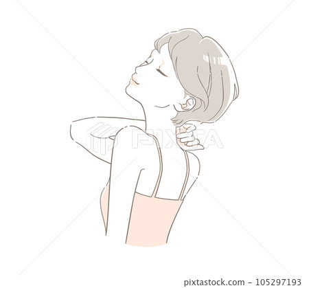 一個女人雙手放在脖子上，臉上掛著愉快的微笑 105297193