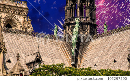 Celebratory fireworks over the Notre Dame de Paris, also known as Notre Dame Cathedral or simply Notre Dame, is a Gothic, Roman Catholic cathedral of Paris, France Celebratory fireworks over the Notre Dame de Paris, also known as Notre Dame Cathedral or simply Notre Dame, is a Gothic, Roman Catholic cathedral of Paris, France 105297290