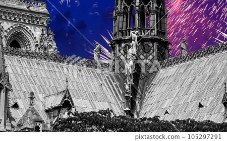 Celebratory fireworks over the Notre Dame de Paris, also known as Notre Dame Cathedral or simply Notre Dame, is a Gothic, Roman Catholic cathedral of Paris, France Celebratory fireworks over the Notre Dame de Paris, also known as Notre Dame Cathedral or simply Notre Dame, is a Gothic, Roman Catholic cathedral of Paris, France 105297291