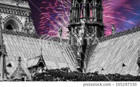 Celebratory fireworks over the Notre Dame de Paris, also known as Notre Dame Cathedral or simply Notre Dame, is a Gothic, Roman Catholic cathedral of Paris, France 105297330