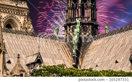 Celebratory fireworks over the Notre Dame de Paris, also known as Notre Dame Cathedral or simply Notre Dame, is a Gothic, Roman Catholic cathedral of Paris, France 105297331